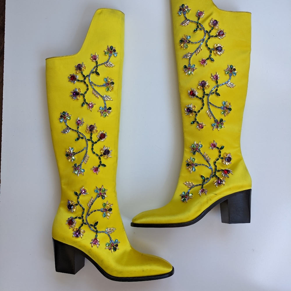 CHRISTIAN LOUBOUTIN Morgan Fleur Crystal Embellished Unisex Yellow Satin Boots